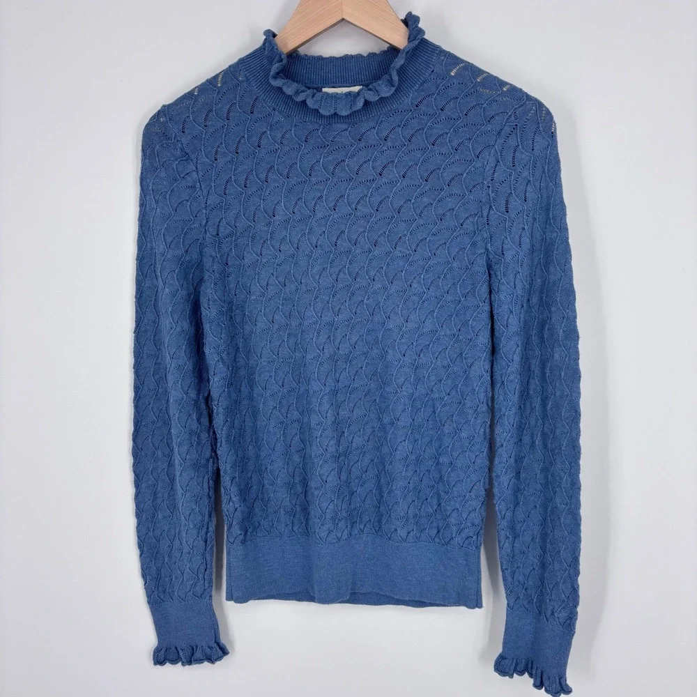 Sundance Frances Pointelle Ruffle Neck Long Sleeve Knit Sweater Womens M Blue